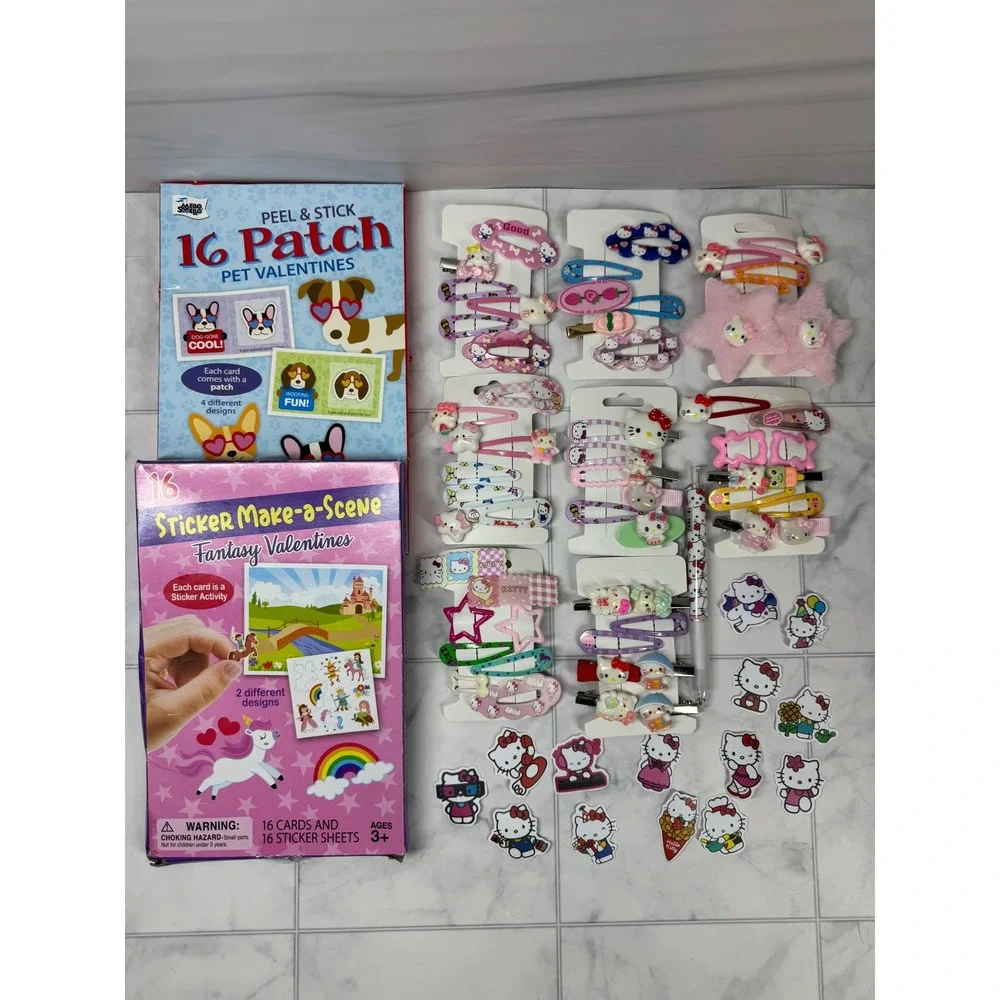 Hello Kitty Hair Clip Bundle & Valentine Sticker Card Activity Sets Kids Lot
